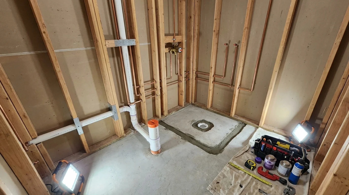Bathroom rough-in plumbing during remodel by Johns Plumbing LLC in Saco