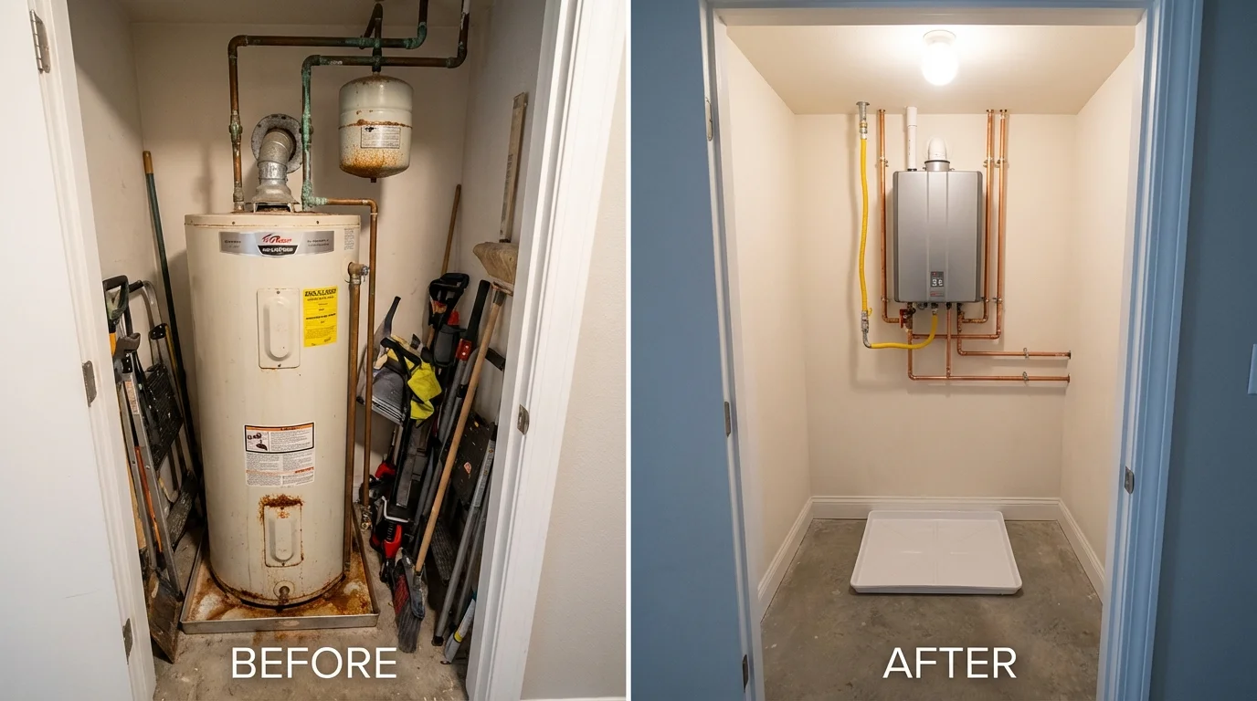 Tank water heater versus wall-mounted tankless unit comparison for Saco, ME homeowners