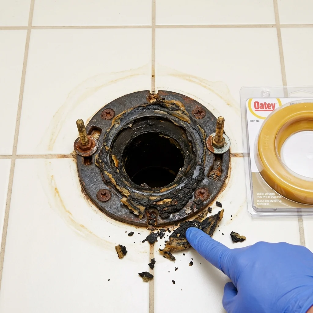 Failed wax ring showing water seepage at the base of a toilet in a Saco, ME home