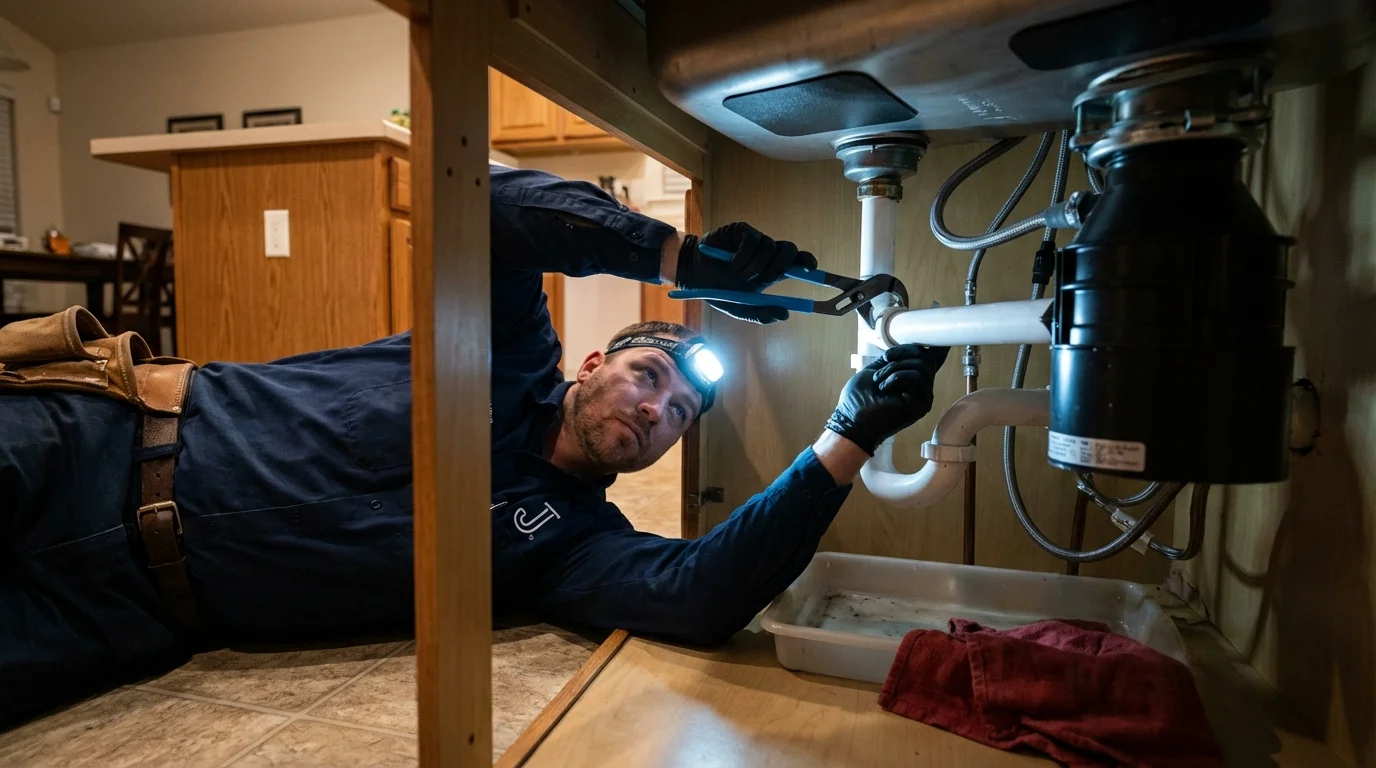 P-trap and supply line connections under a kitchen sink showing a common leak point in Saco, ME